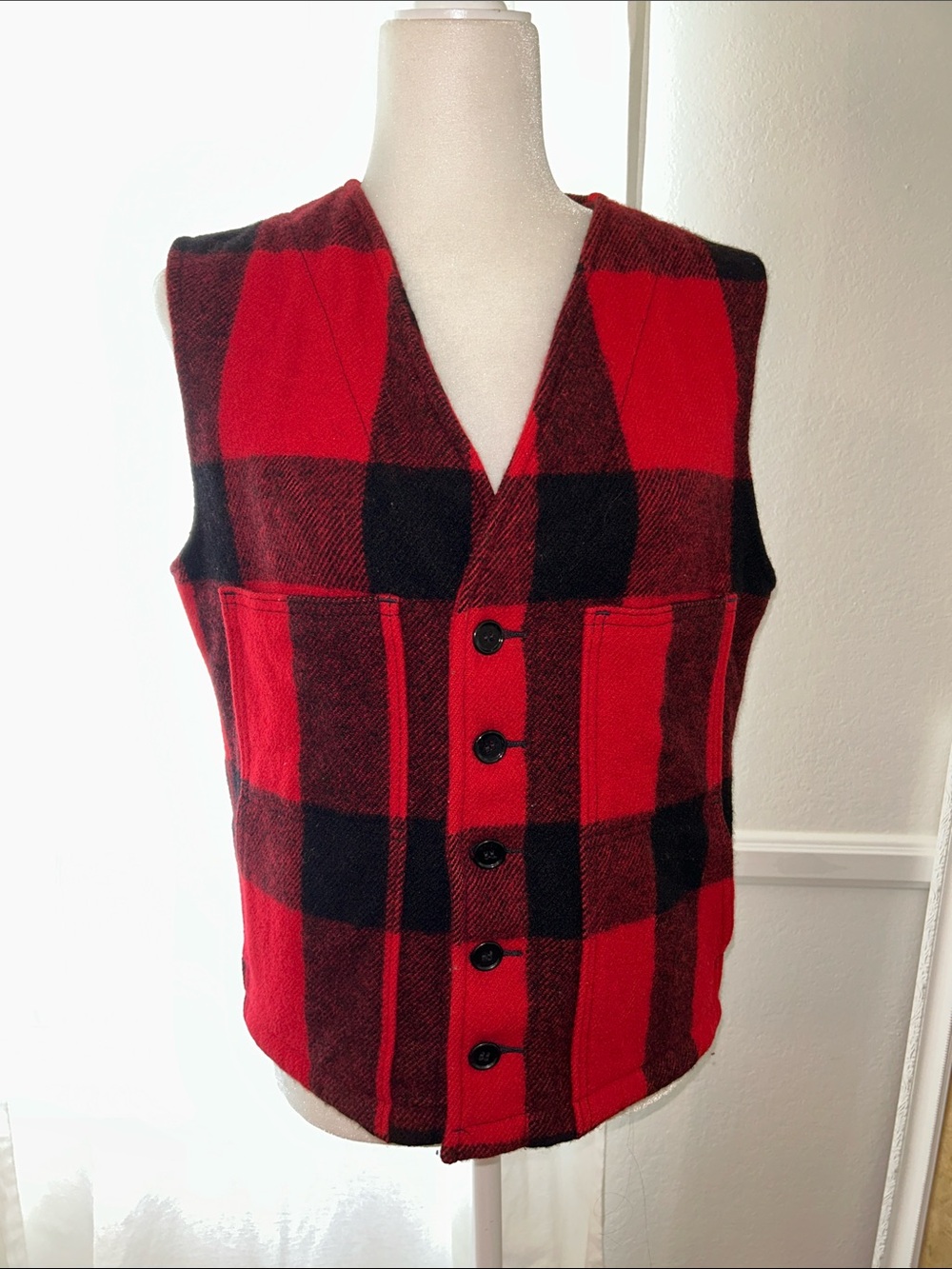 Vtg 1986 LL Bean Buffalo Plaid Wool Vest Made in USA Mens Small Filson Style